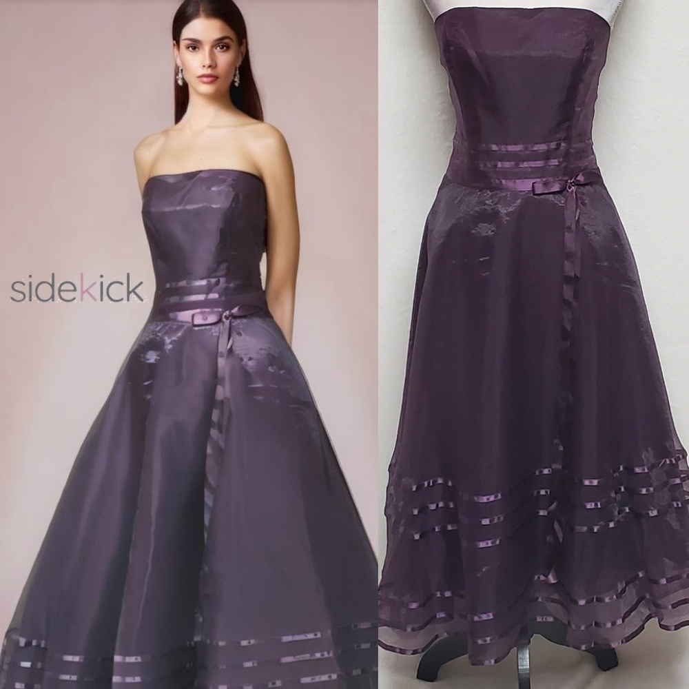 Christina Wu Plum Organza Strapless Bustier Satin Ribbon Fit & Flare Midi Dress